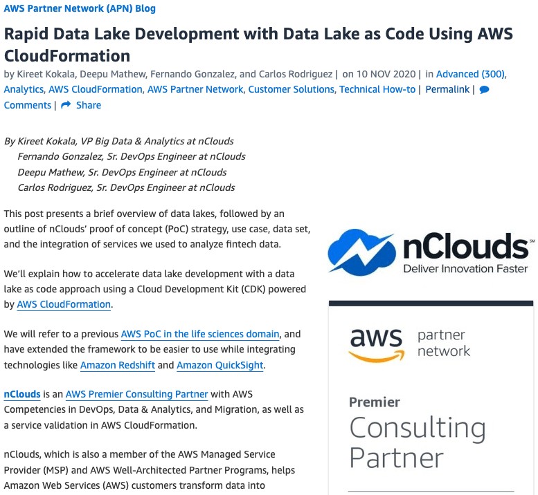 AWS Partner Network blog post on rapid data lake development, co-authored by Kireet Kokala